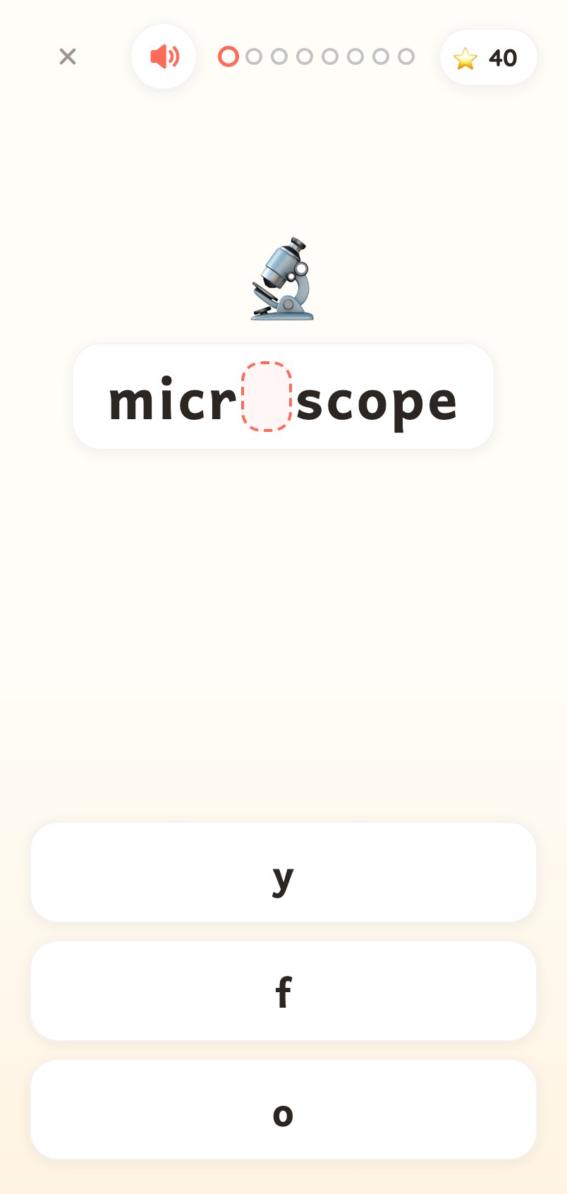 Missing Letter game: finish the spelling of microscope