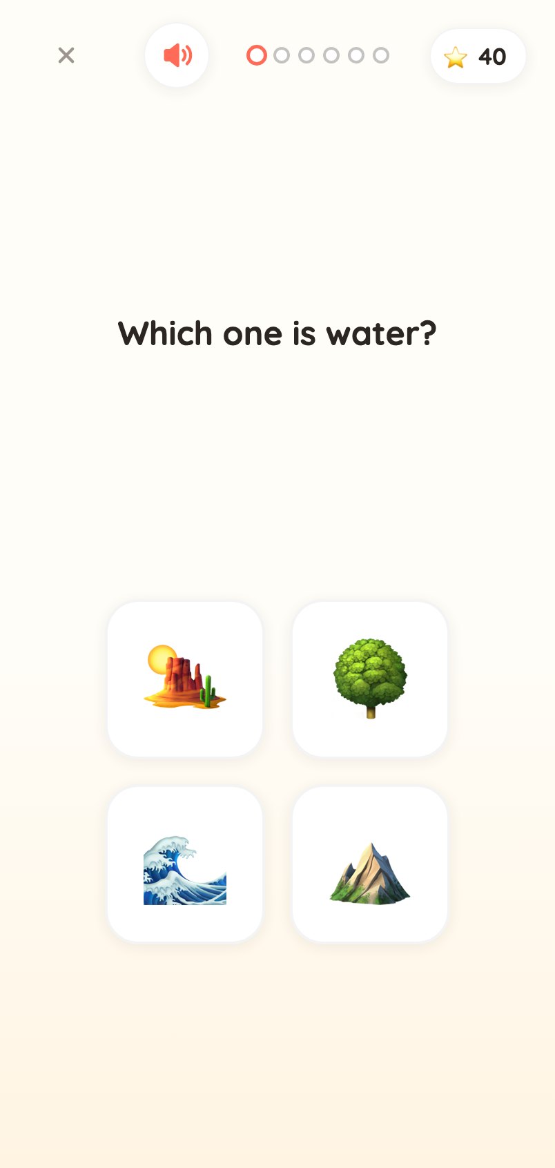 Around the World game: tap which one is water among land and sea pictures