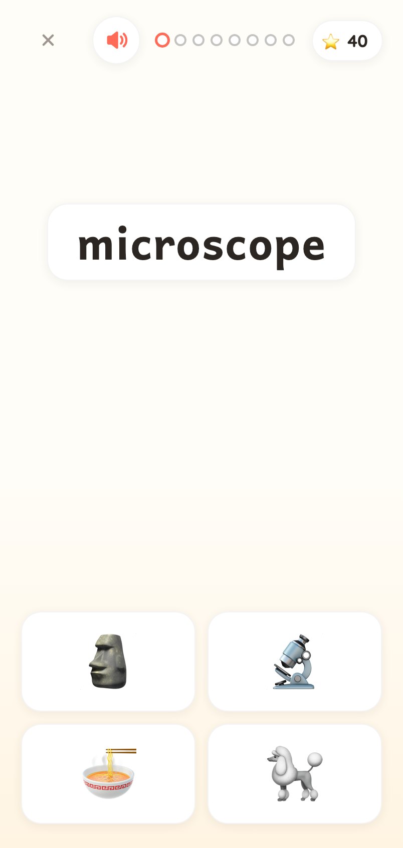 Picture Match game: the word microscope with four pictures to tap