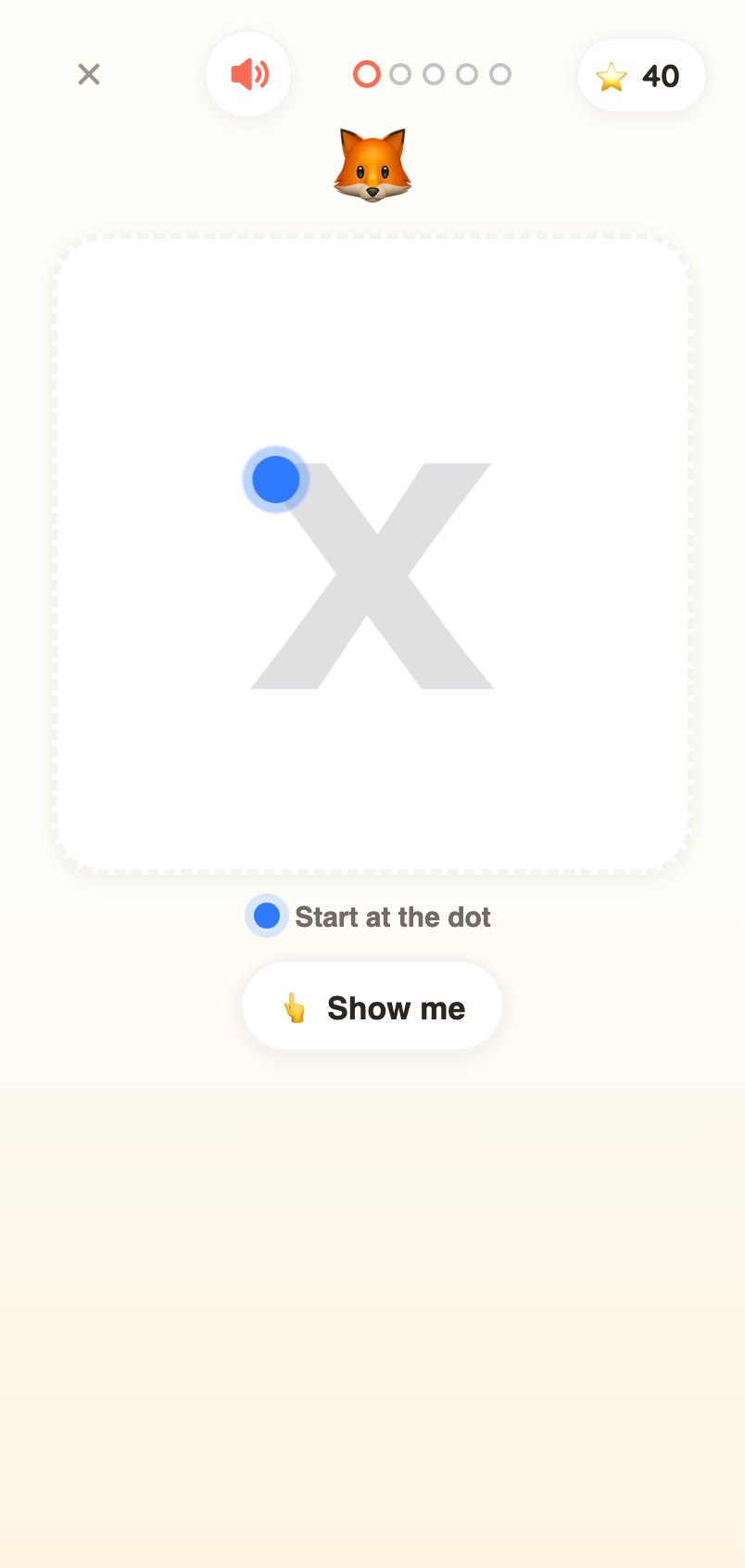 Trace a Letter game: trace the letter over a faint guide from the start dot