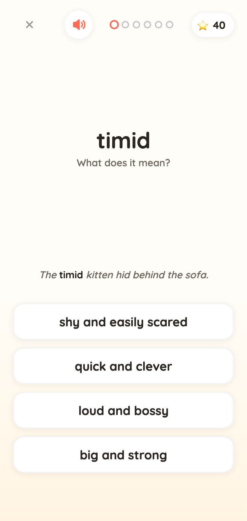 Word Meanings game: choose what the word timid means